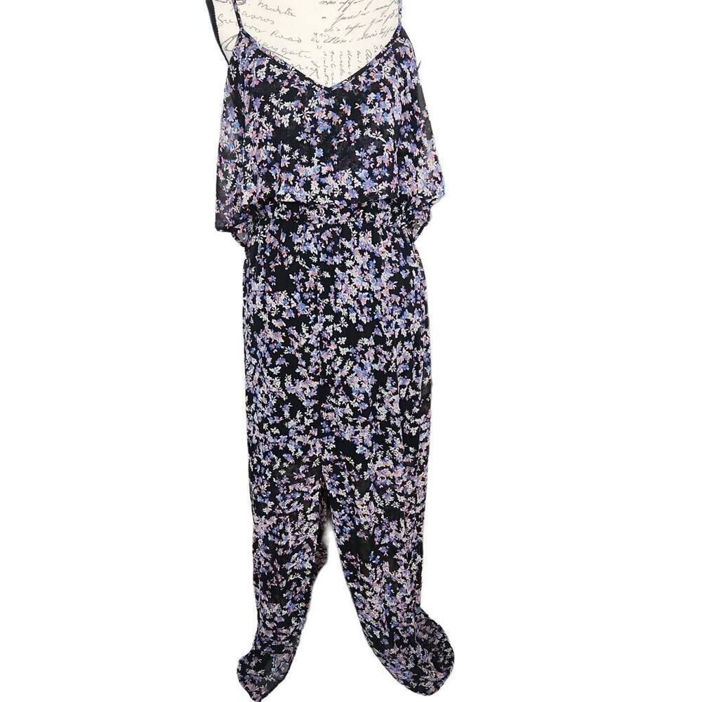 Express Women's Size Medium Black Blue Floral Print Flounce Top Maxi Dress